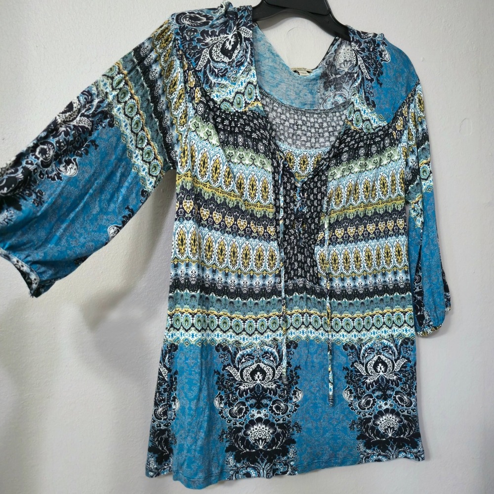 One World Womens Blue Paisley Lace Up V-Neck 3/4 Sleeve Knit Tunic Top Small